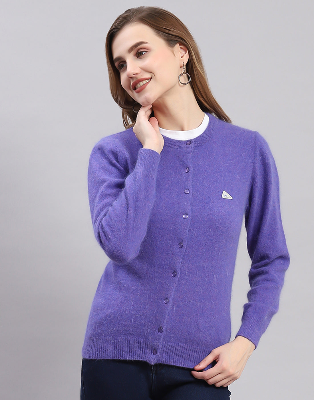 Women Purple Solid Round Neck Full Sleeve Cardigan