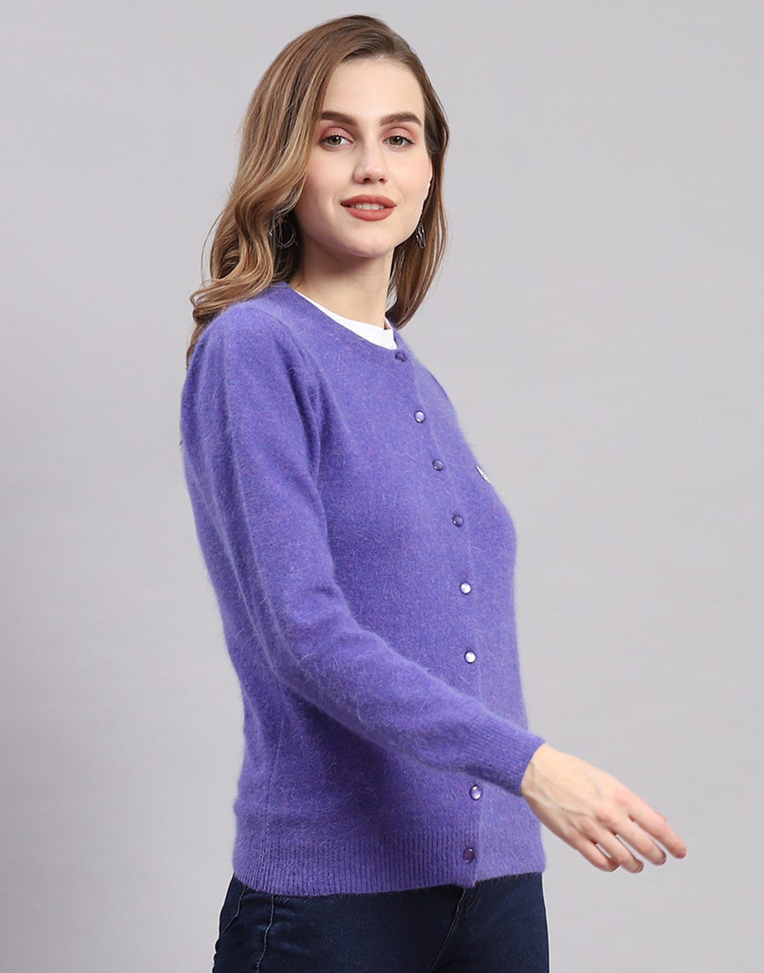 Women Purple Solid Round Neck Full Sleeve Cardigan