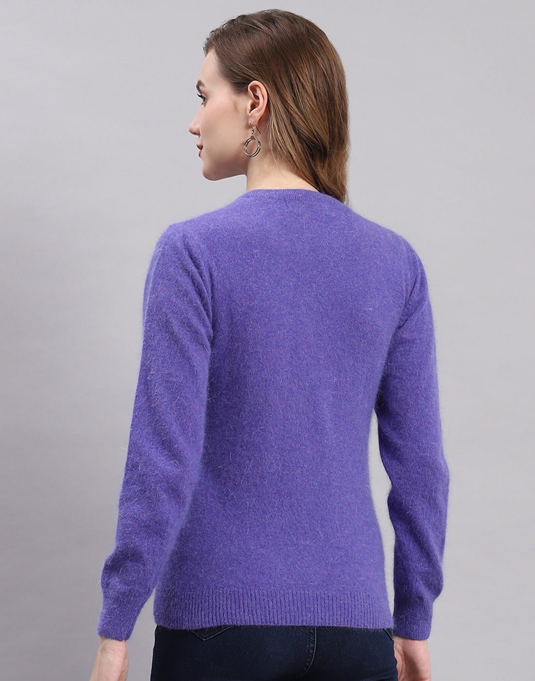 Women Purple Solid Round Neck Full Sleeve Cardigan