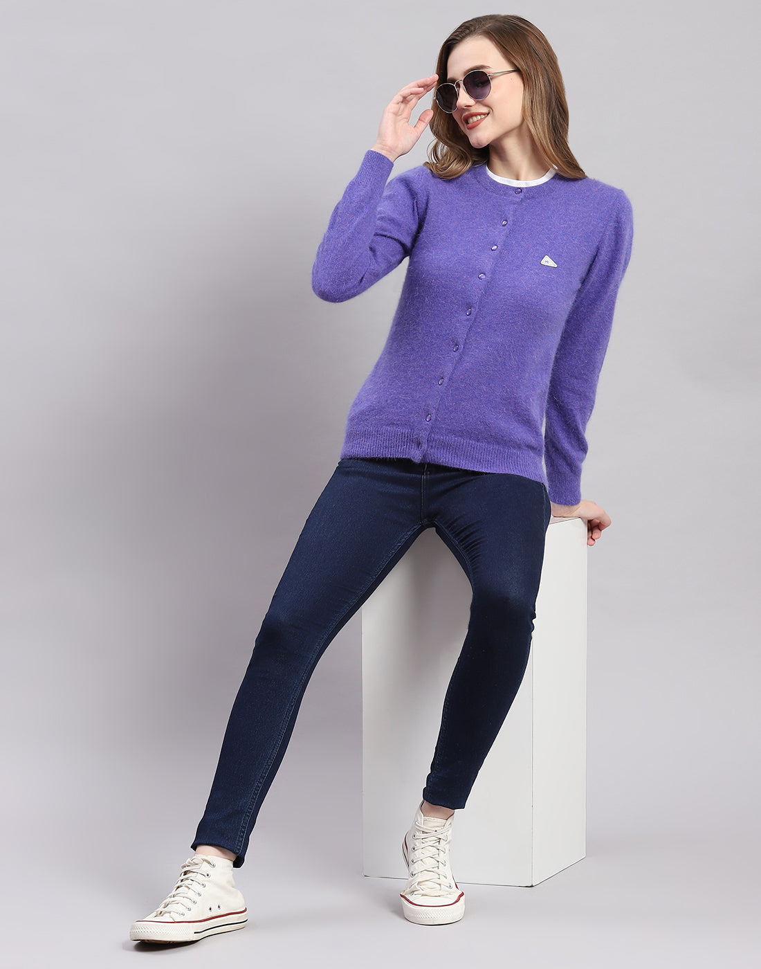 Women Purple Solid Round Neck Full Sleeve Cardigan