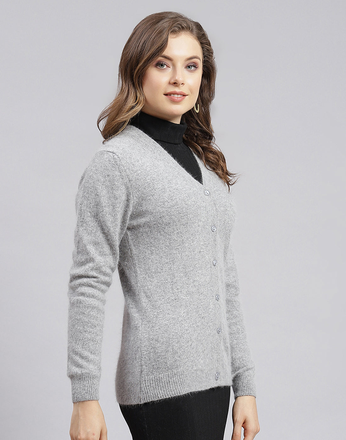 Women Grey Solid V Neck Full Sleeve Cardigan