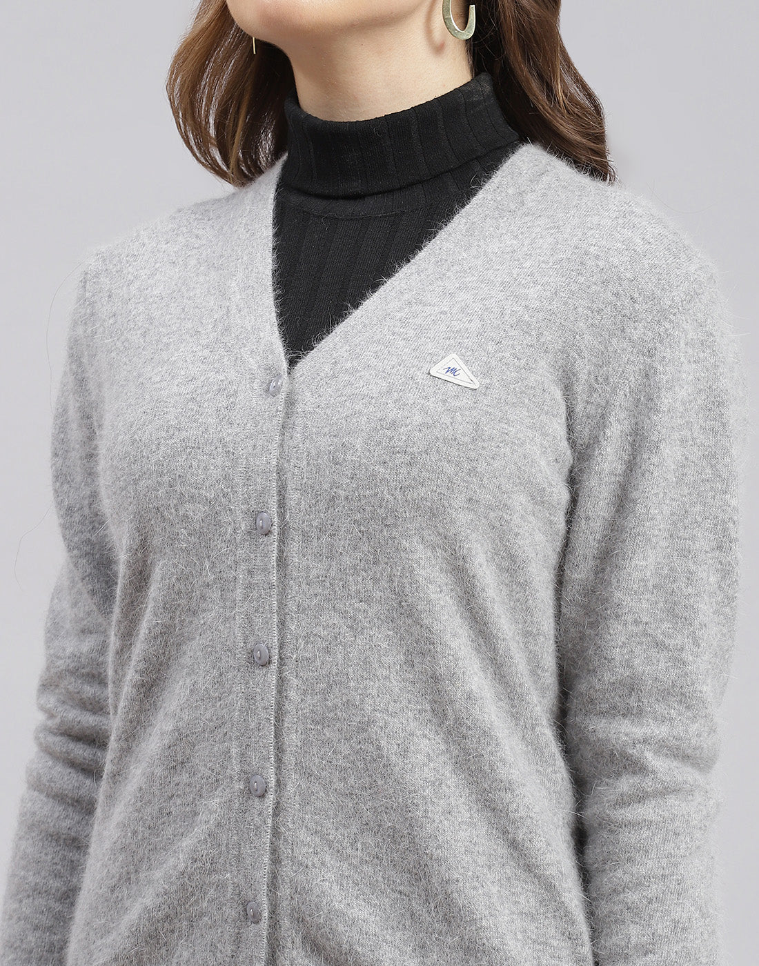 Women Grey Solid V Neck Full Sleeve Cardigan