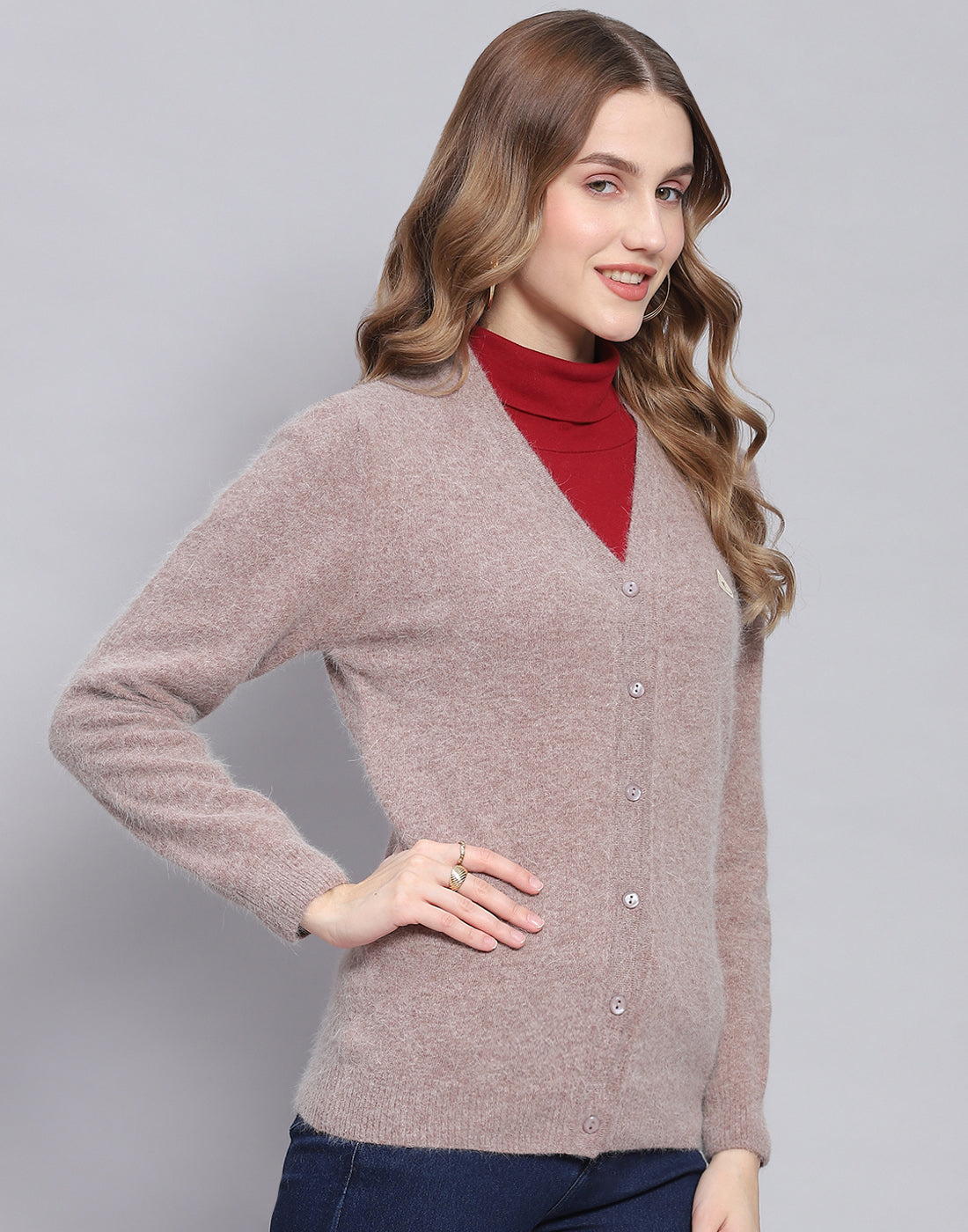 Women Brown Solid V Neck Full Sleeve Cardigan