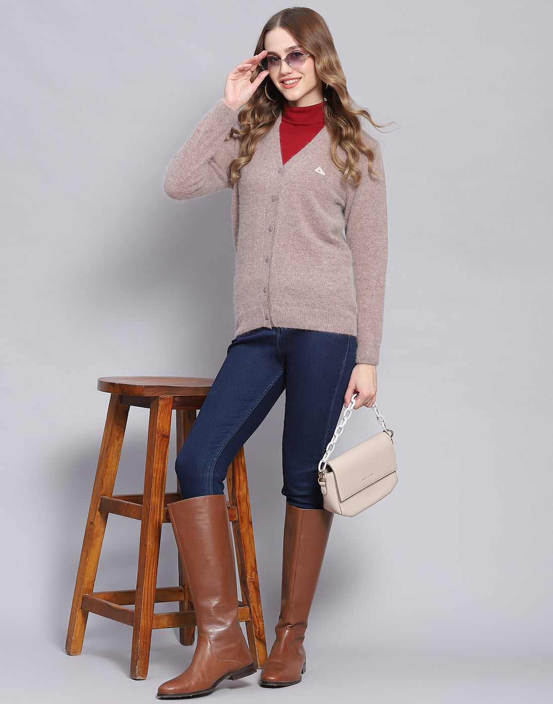 Women Brown Solid V Neck Full Sleeve Cardigan