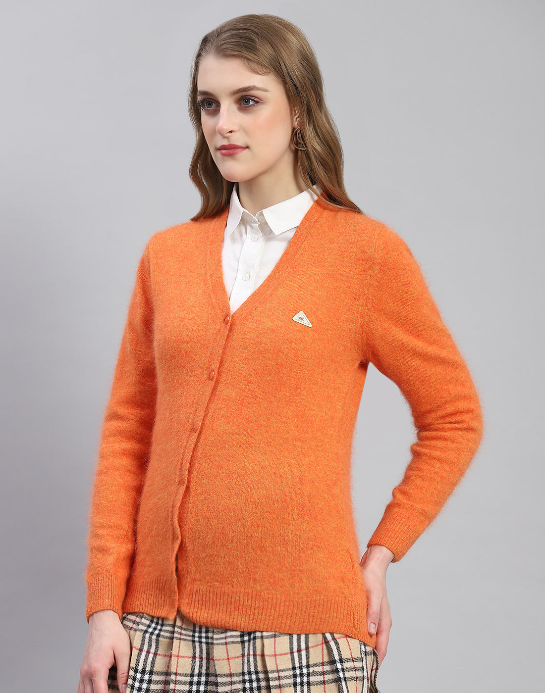 Women Orange Solid V Neck Full Sleeve Cardigan