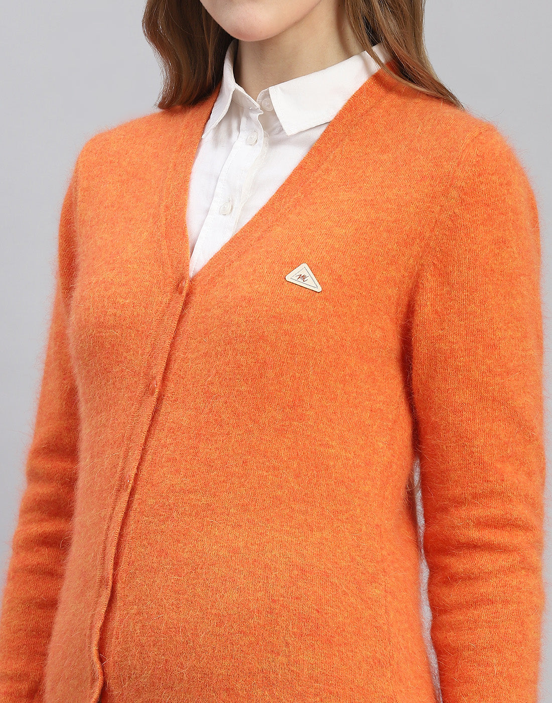 Women Orange Solid V Neck Full Sleeve Cardigan