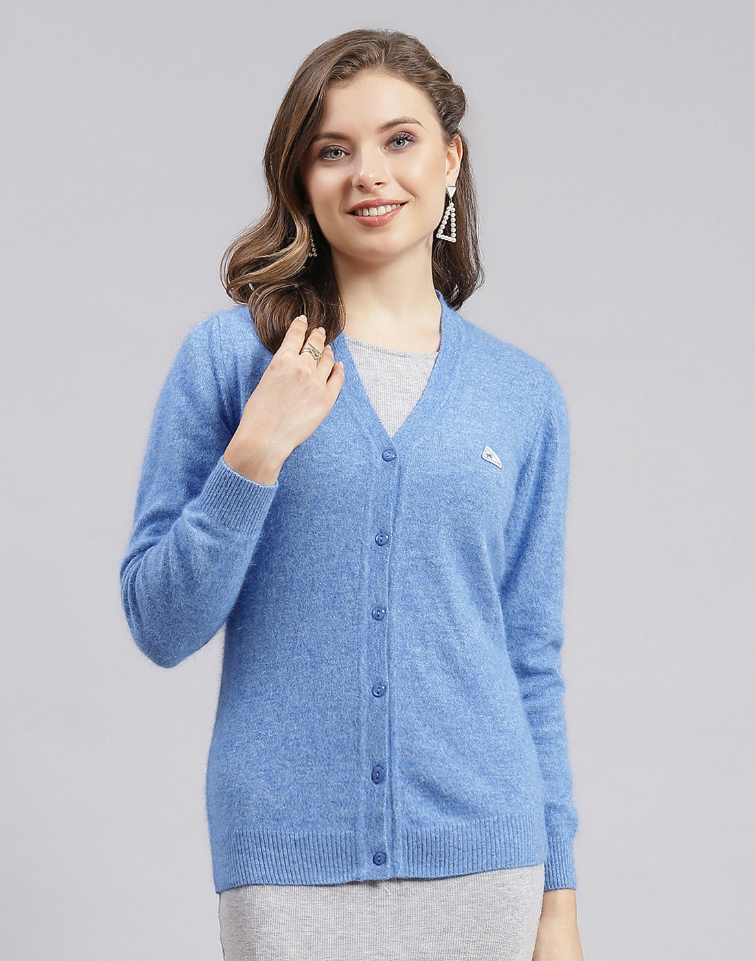 Women Blue Solid V Neck Full Sleeve Cardigan