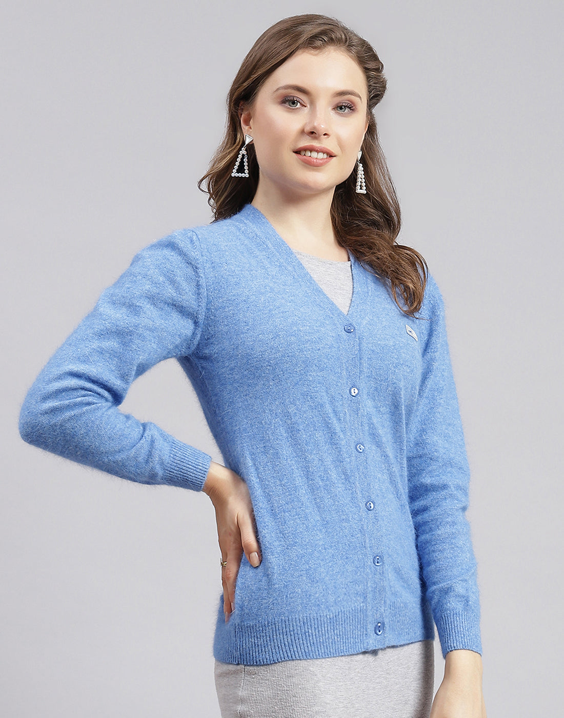 Women Blue Solid V Neck Full Sleeve Cardigan