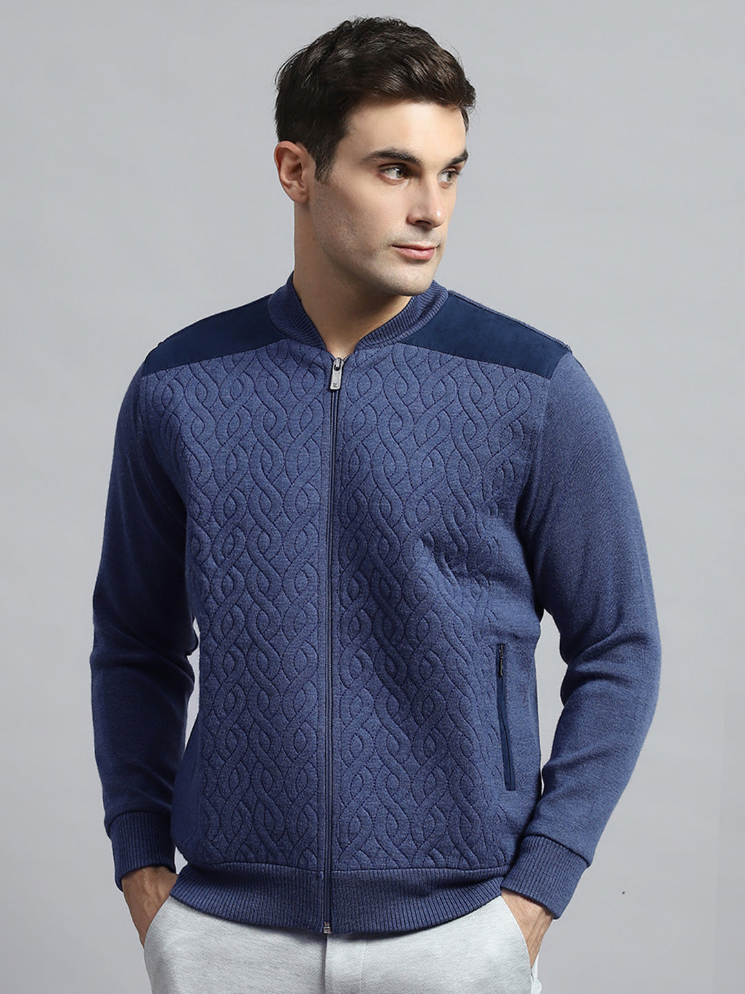 Men Blue Self Design Round Neck Full Sleeve Jacket