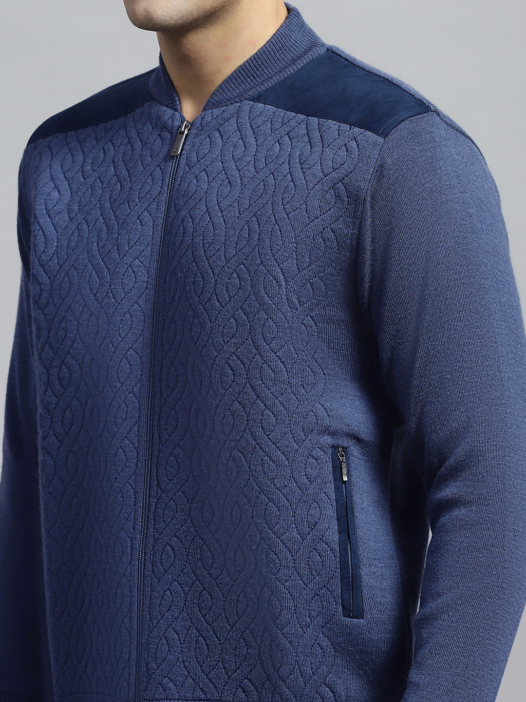 Men Blue Self Design Round Neck Full Sleeve Jacket