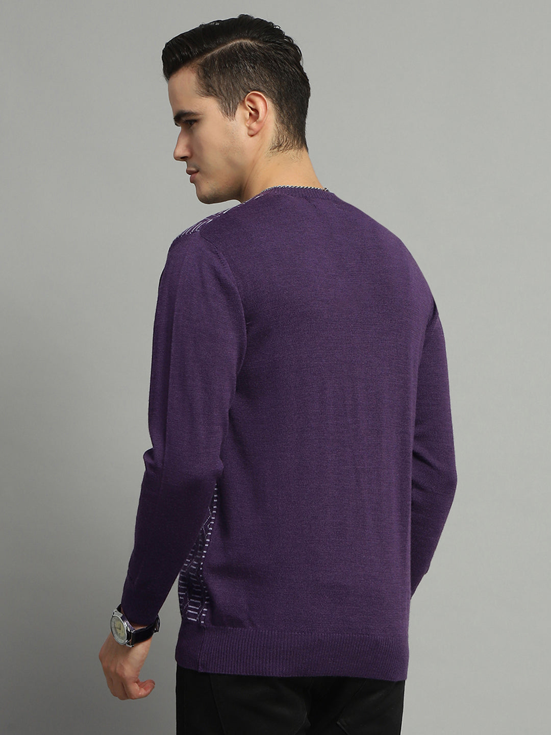 Men Purple Self Design V Neck Full Sleeve Pullover