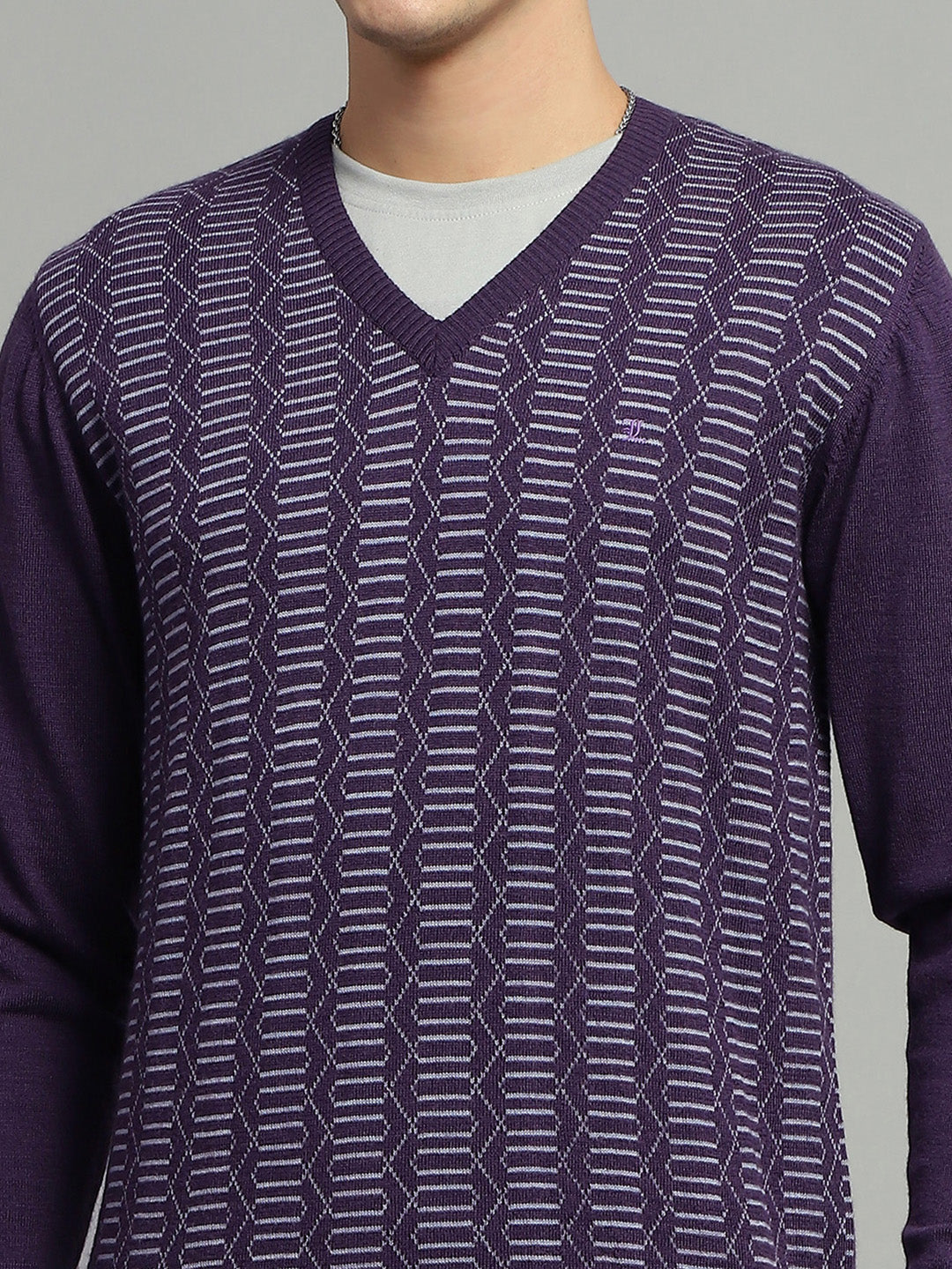 Men Purple Self Design V Neck Full Sleeve Pullover