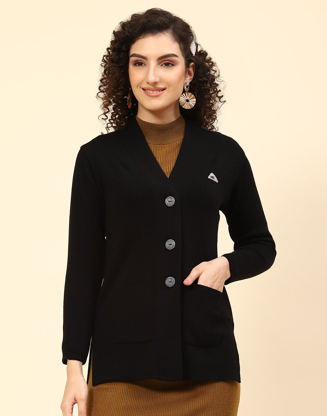 Women Black Solid V Neck Full Sleeve Cardigan