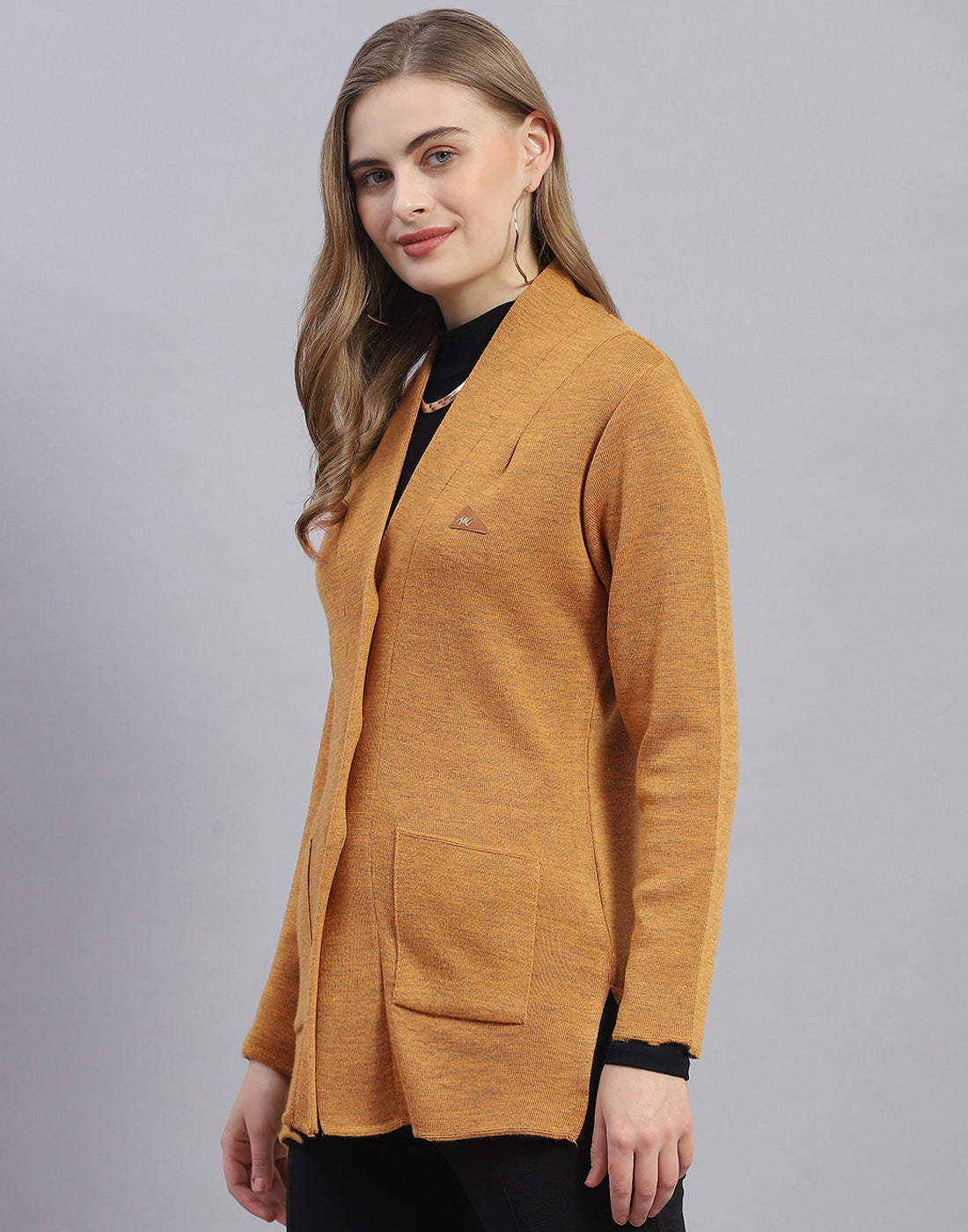 Women Mustard Solid V Neck Full Sleeve Cardigan