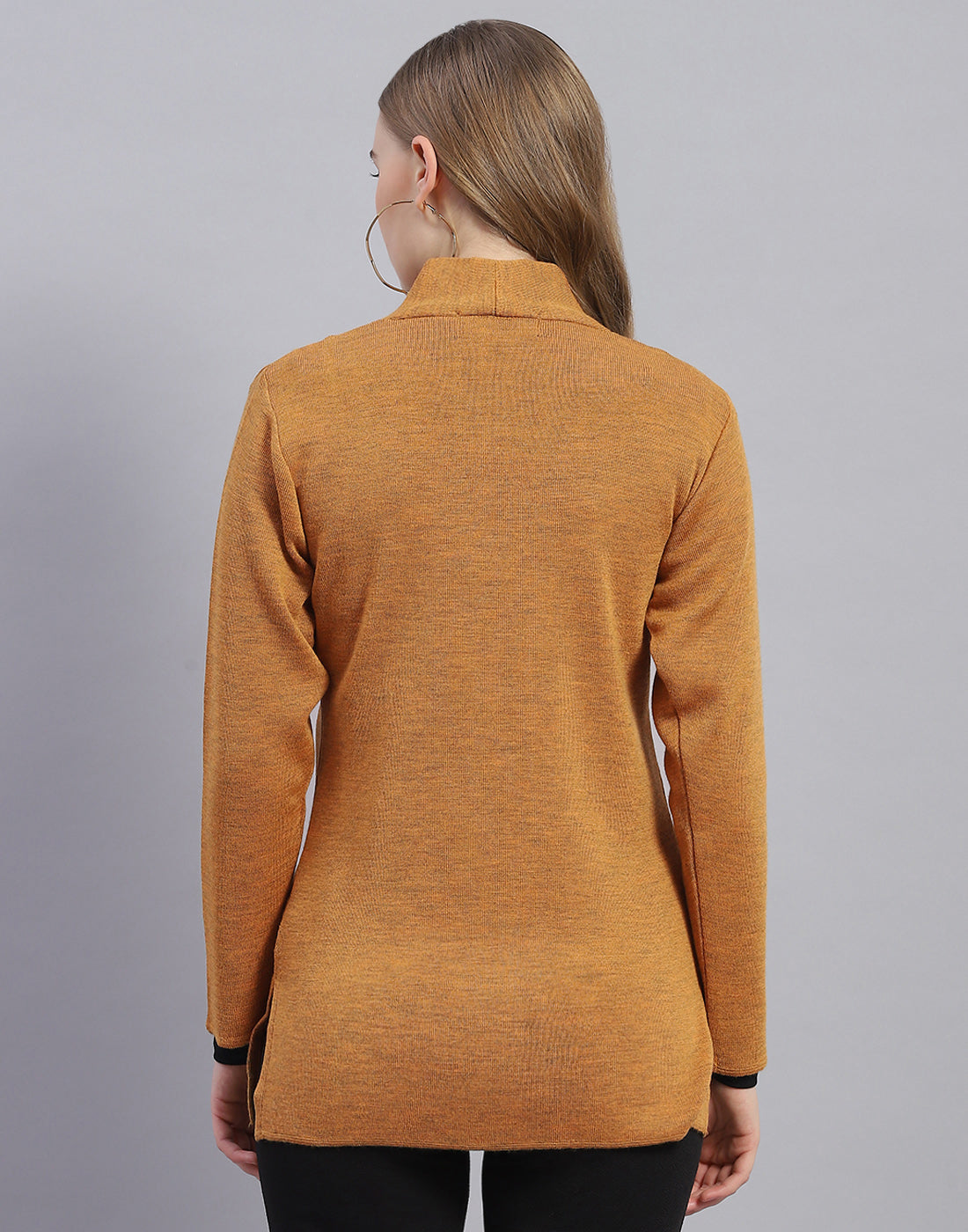 Women Mustard Solid V Neck Full Sleeve Cardigan