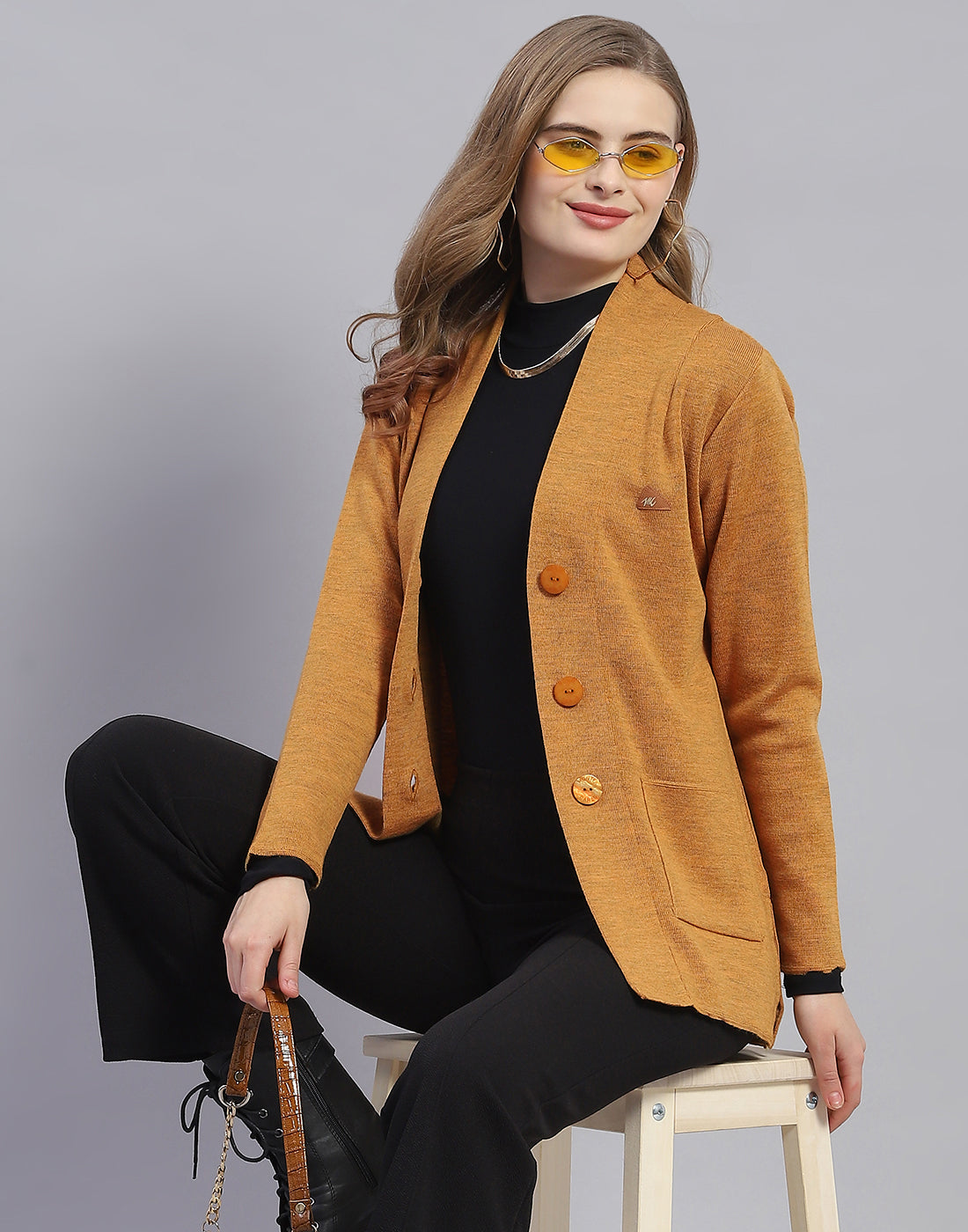 Women Mustard Solid V Neck Full Sleeve Cardigan