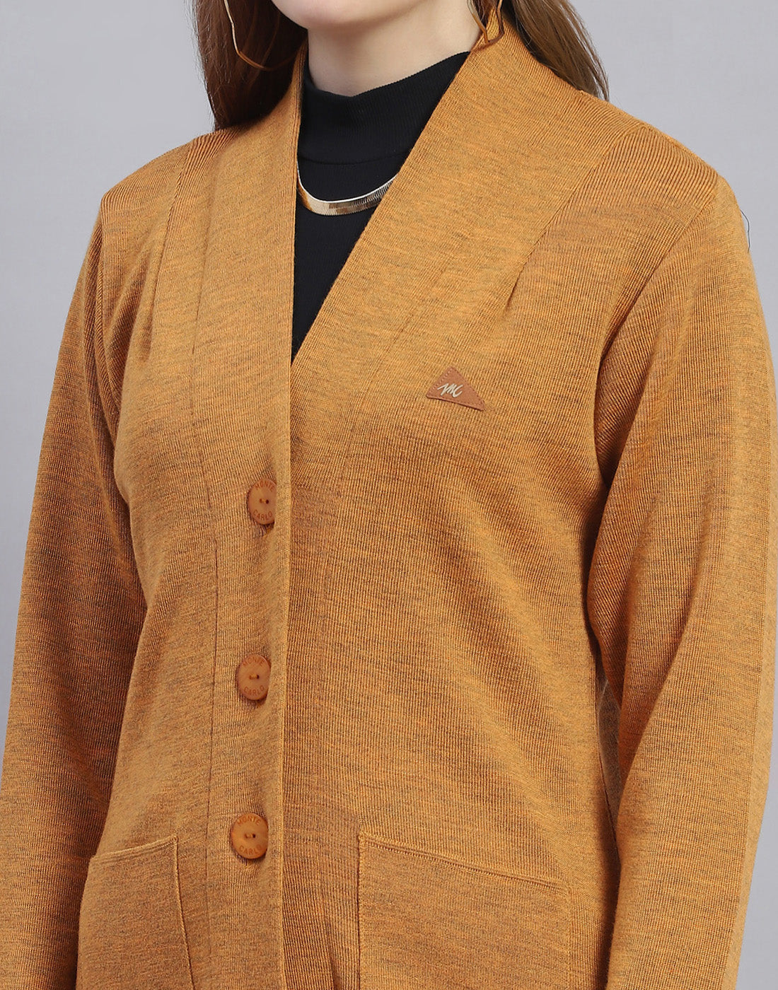 Women Mustard Solid V Neck Full Sleeve Cardigan