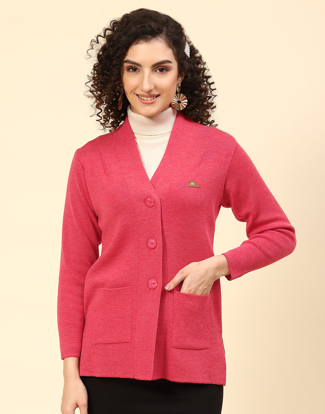 Women Pink Solid V Neck Full Sleeve Cardigan