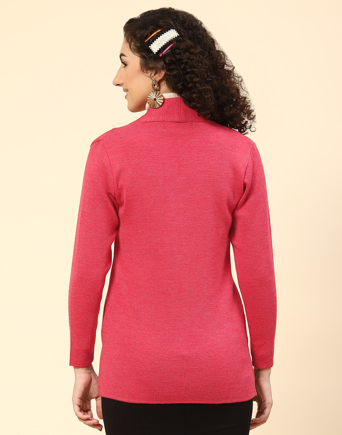 Women Pink Solid V Neck Full Sleeve Cardigan