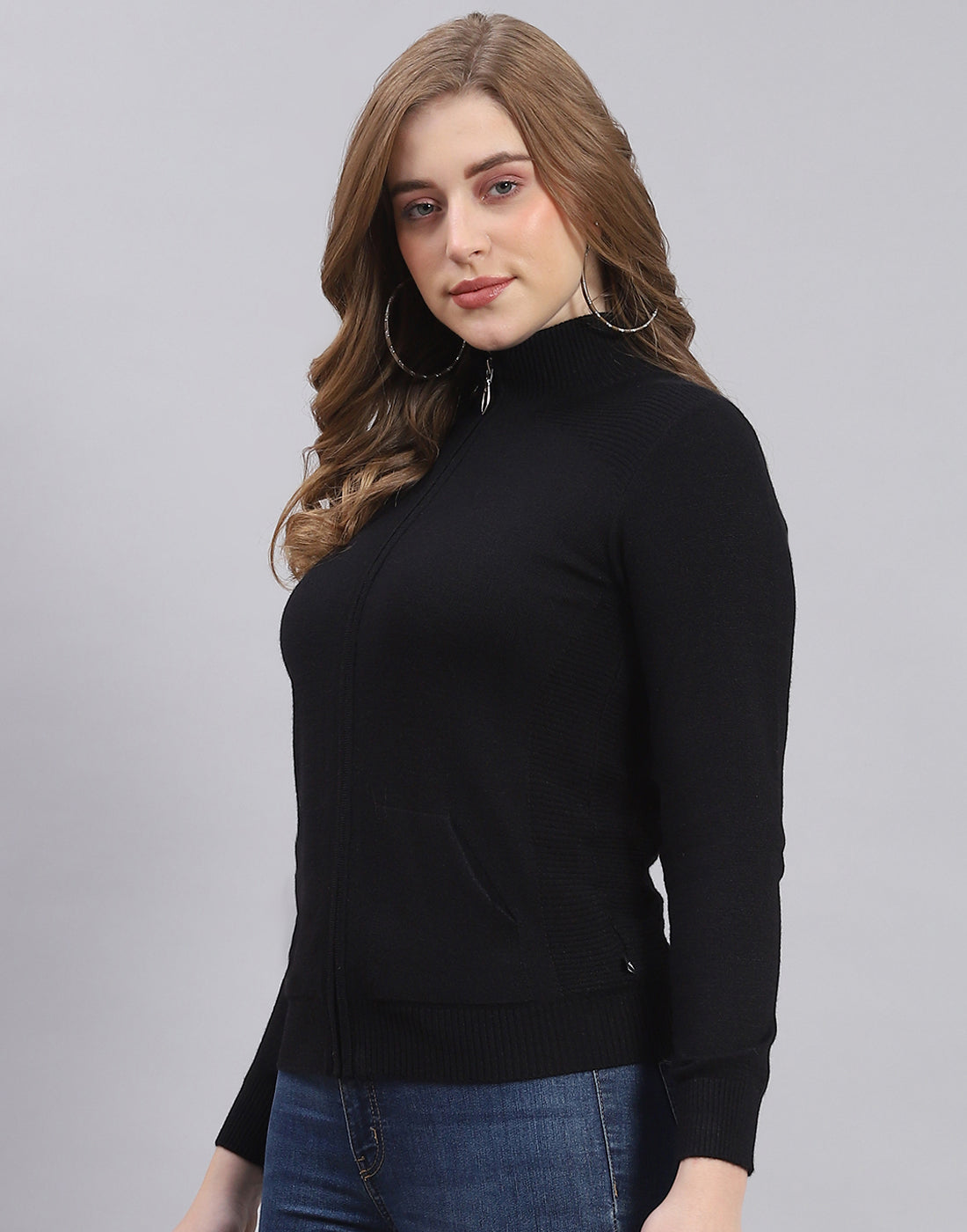 Women Black Solid Stand Collar Full Sleeve Cardigan