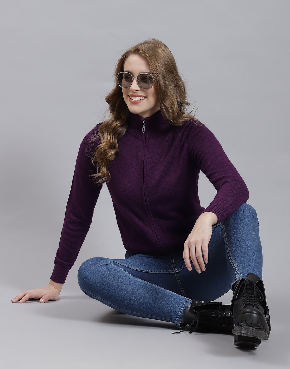 Women Purple Solid Stand Collar Full Sleeve Cardigan