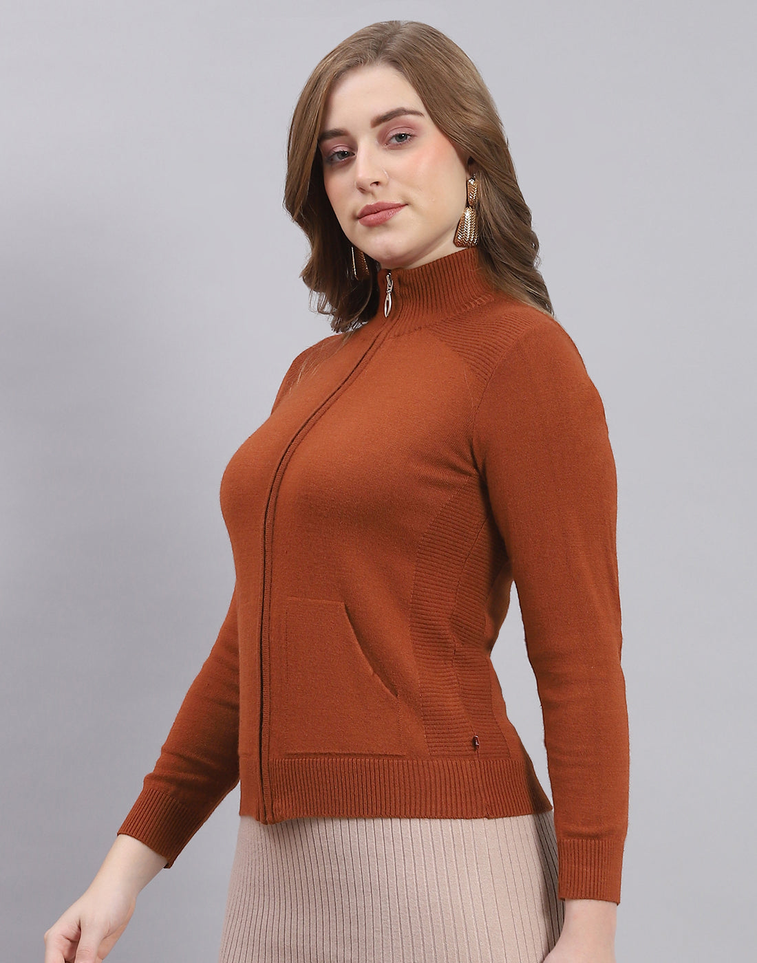 Women Rust Solid Stand Collar Full Sleeve Cardigan