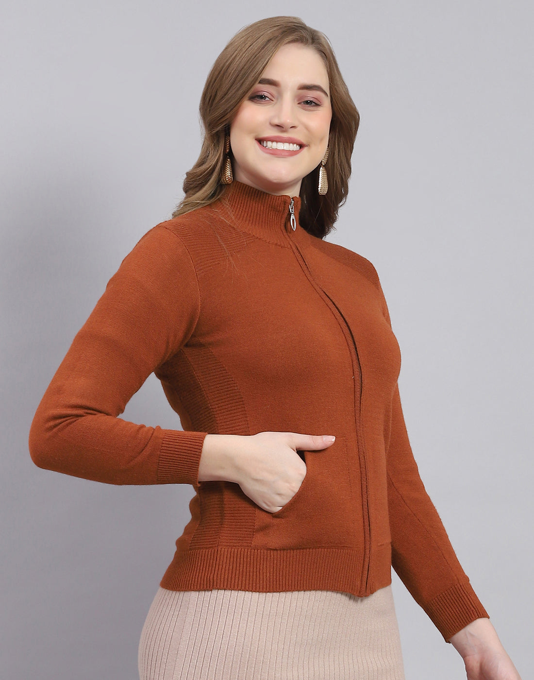 Women Rust Solid Stand Collar Full Sleeve Cardigan