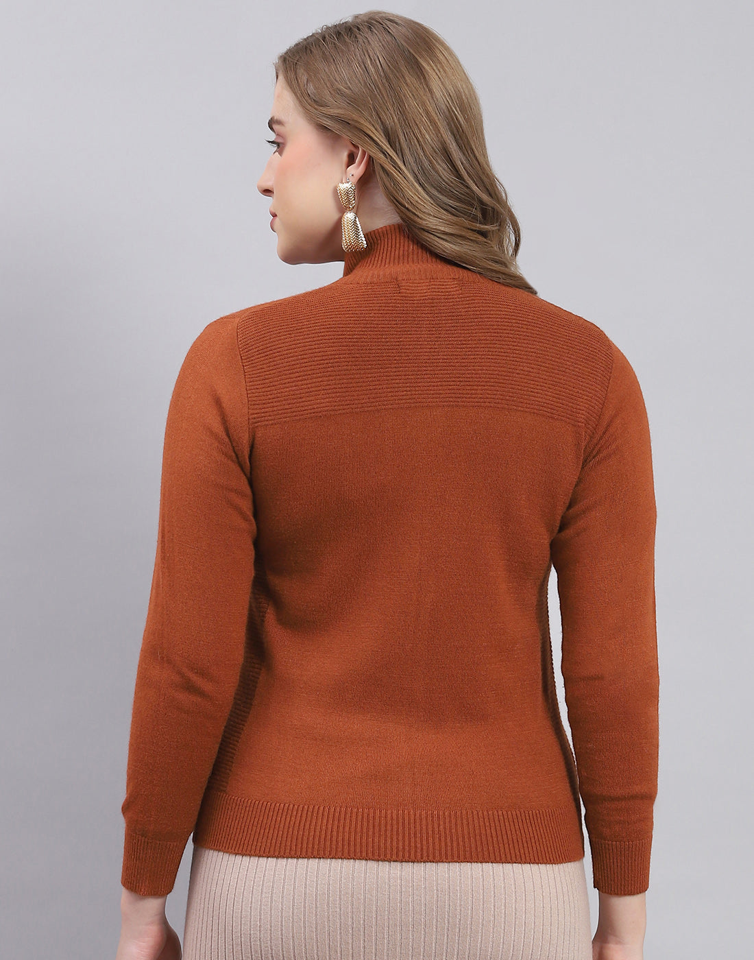 Women Rust Solid Stand Collar Full Sleeve Cardigan