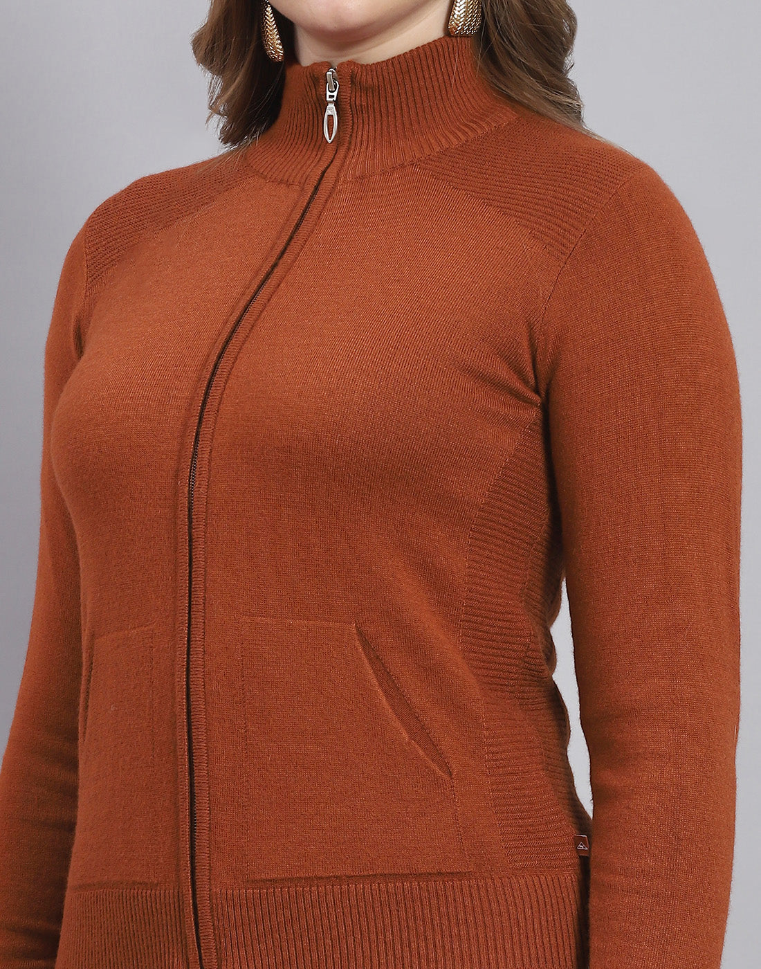 Women Rust Solid Stand Collar Full Sleeve Cardigan