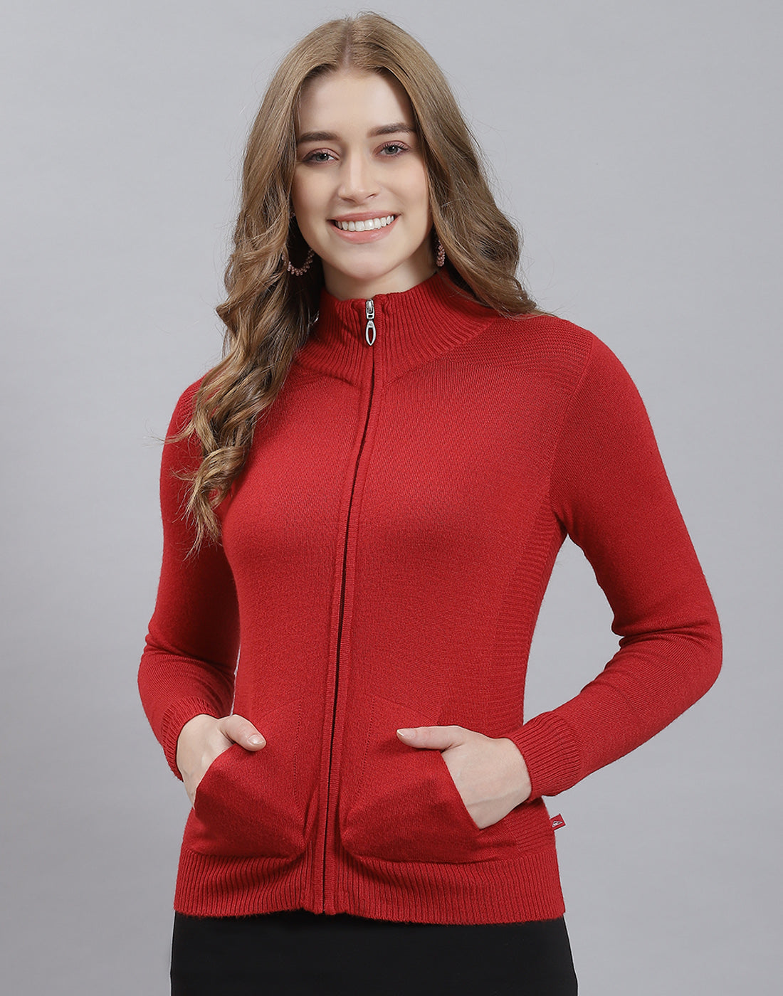 Women Red Solid Stand Collar Full Sleeve Cardigan