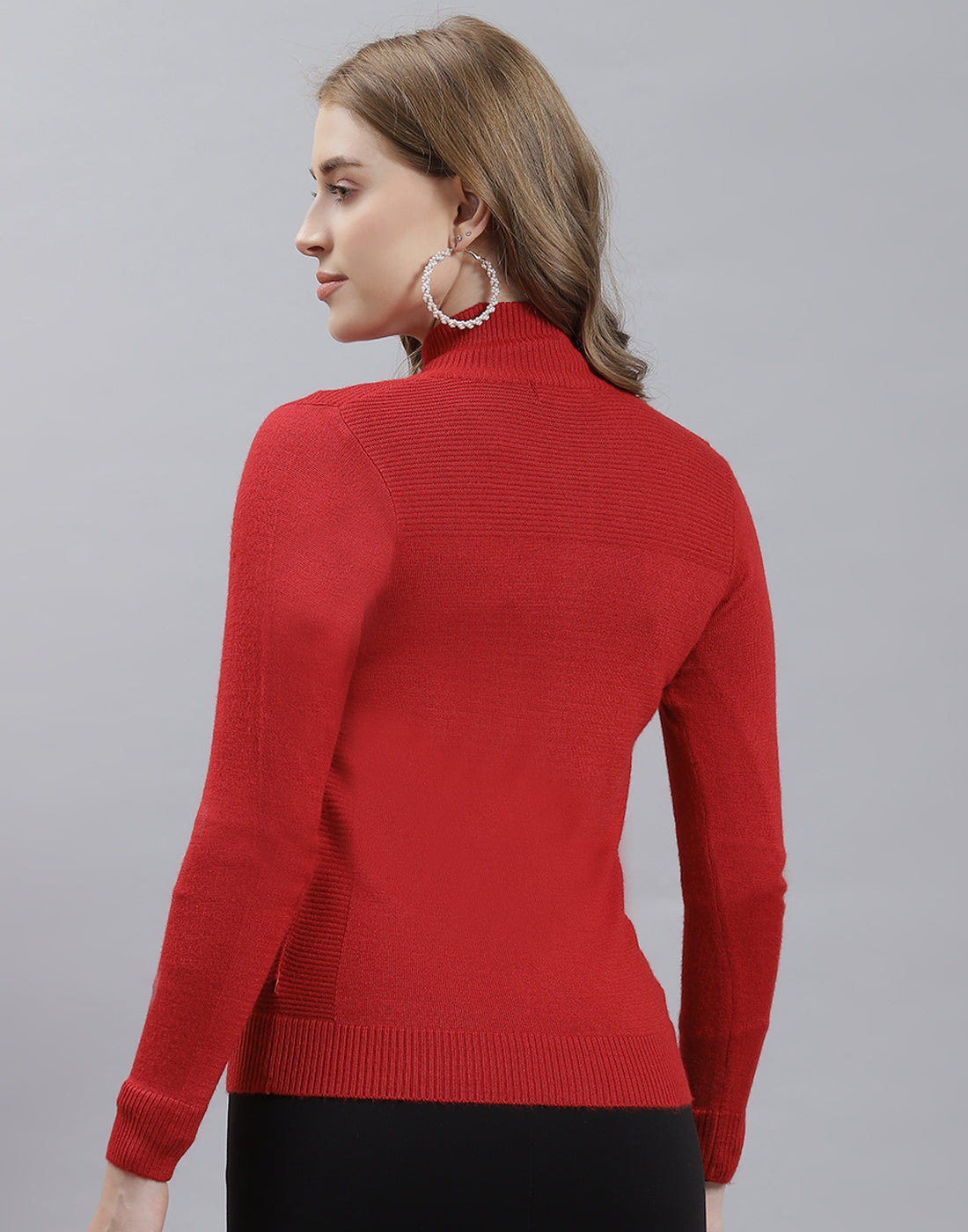 Women Red Solid Stand Collar Full Sleeve Cardigan