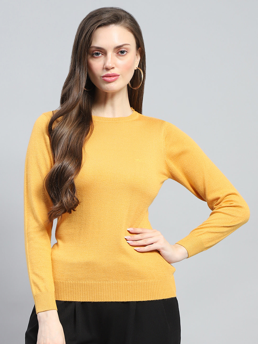 Women Yellow Solid Round Neck Full Sleeve Winter Tops