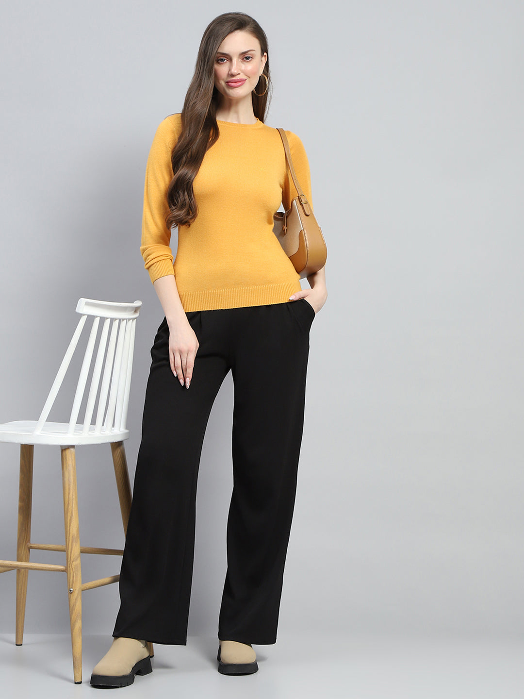 Women Yellow Solid Round Neck Full Sleeve Winter Tops