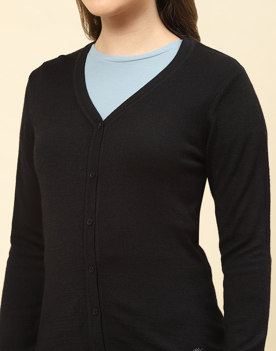 Women Black Solid V Neck Full Sleeve Cardigan