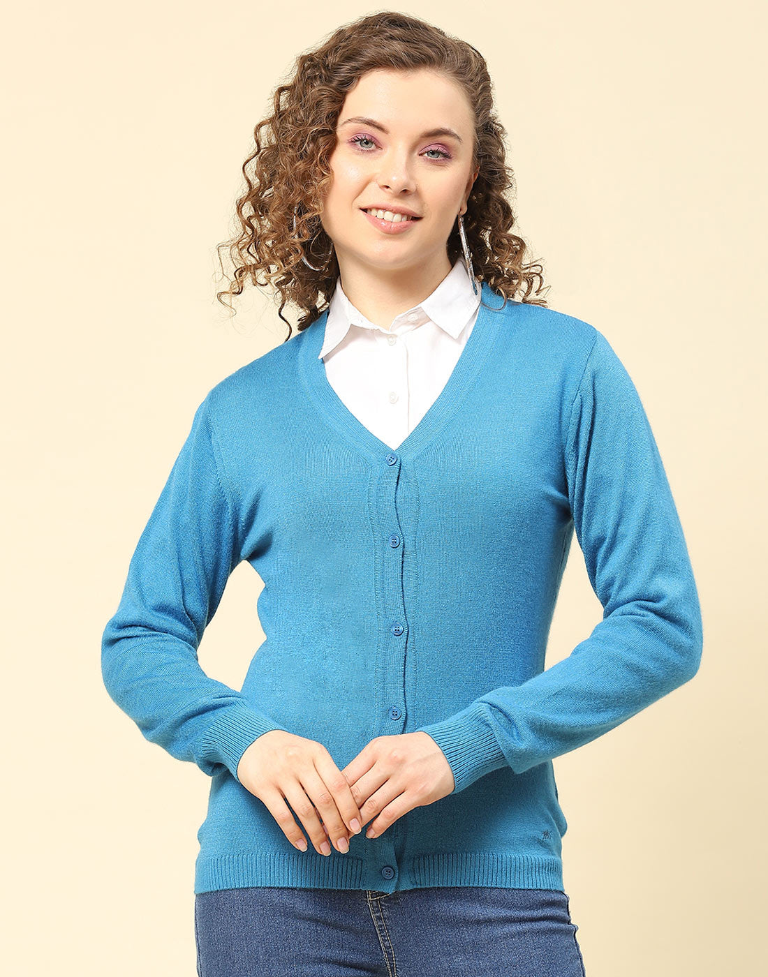 Women Blue Solid V Neck Full Sleeve Cardigan