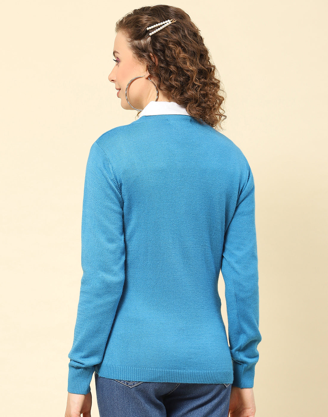 Women Blue Solid V Neck Full Sleeve Cardigan