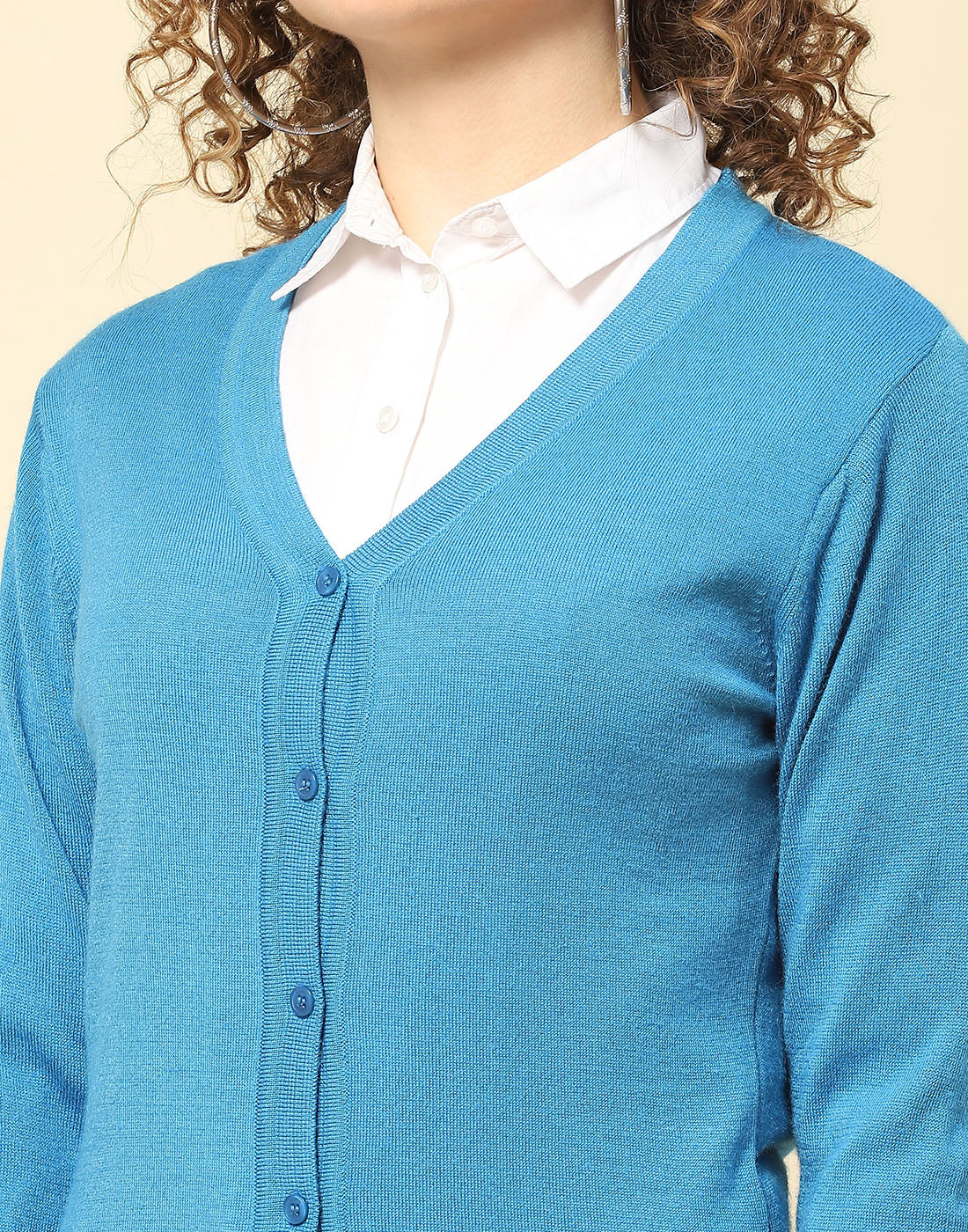 Women Blue Solid V Neck Full Sleeve Cardigan