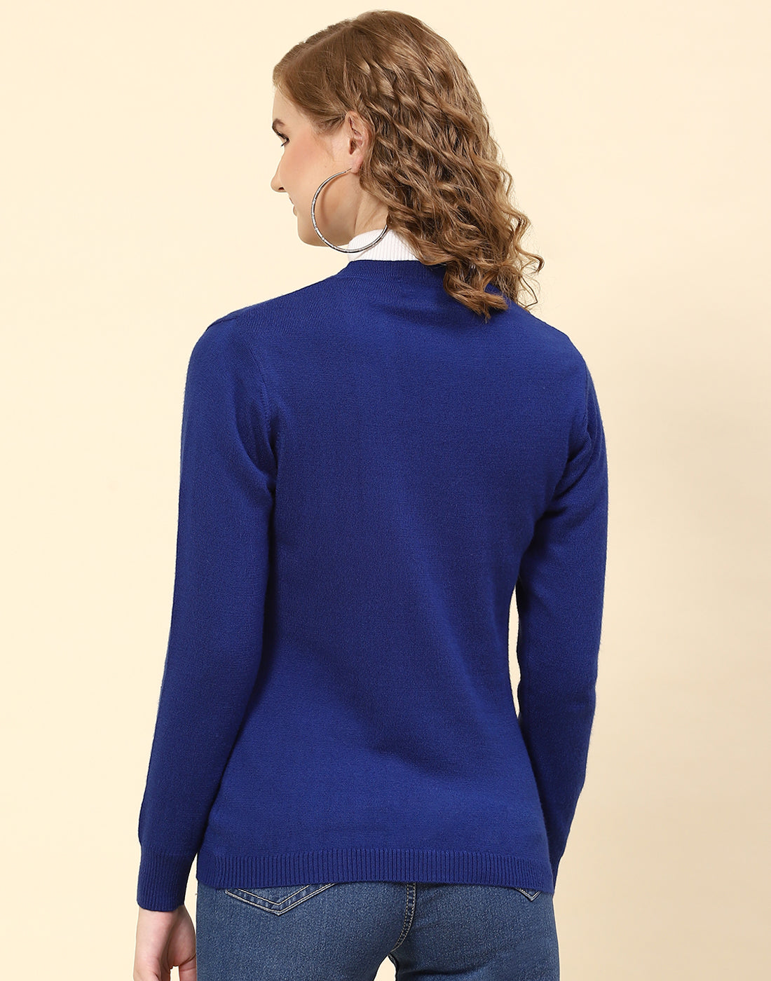 Women Blue Solid V Neck Full Sleeve Cardigan