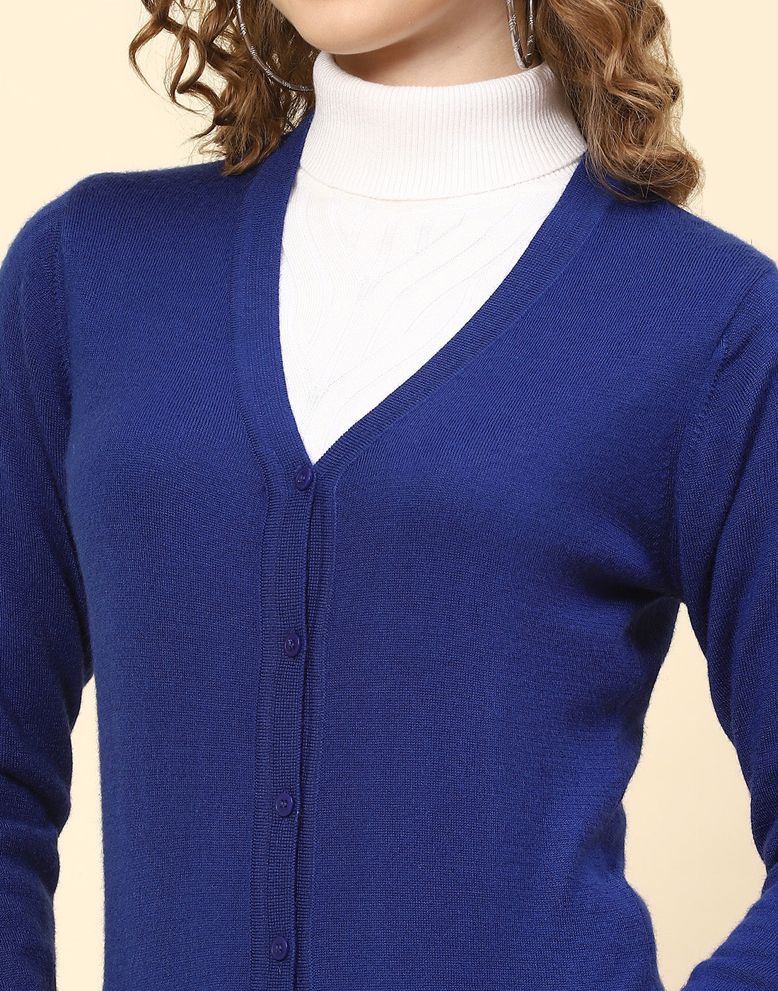 Women Blue Solid V Neck Full Sleeve Cardigan