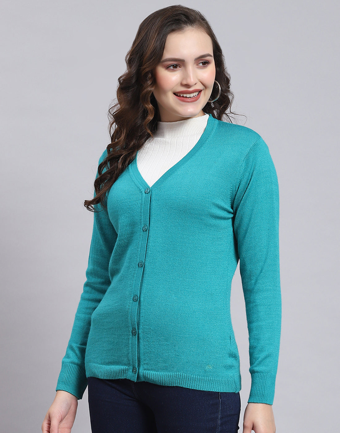 Women Turquoise Blue Solid V Neck Full Sleeve Cardigan