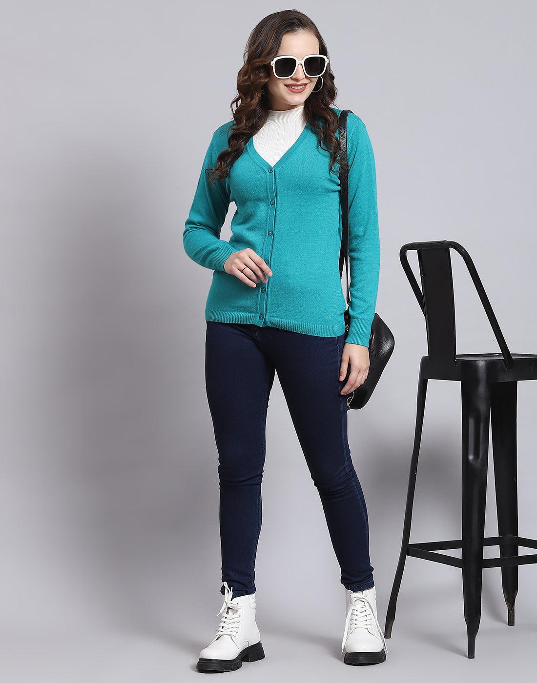 Women Turquoise Blue Solid V Neck Full Sleeve Cardigan