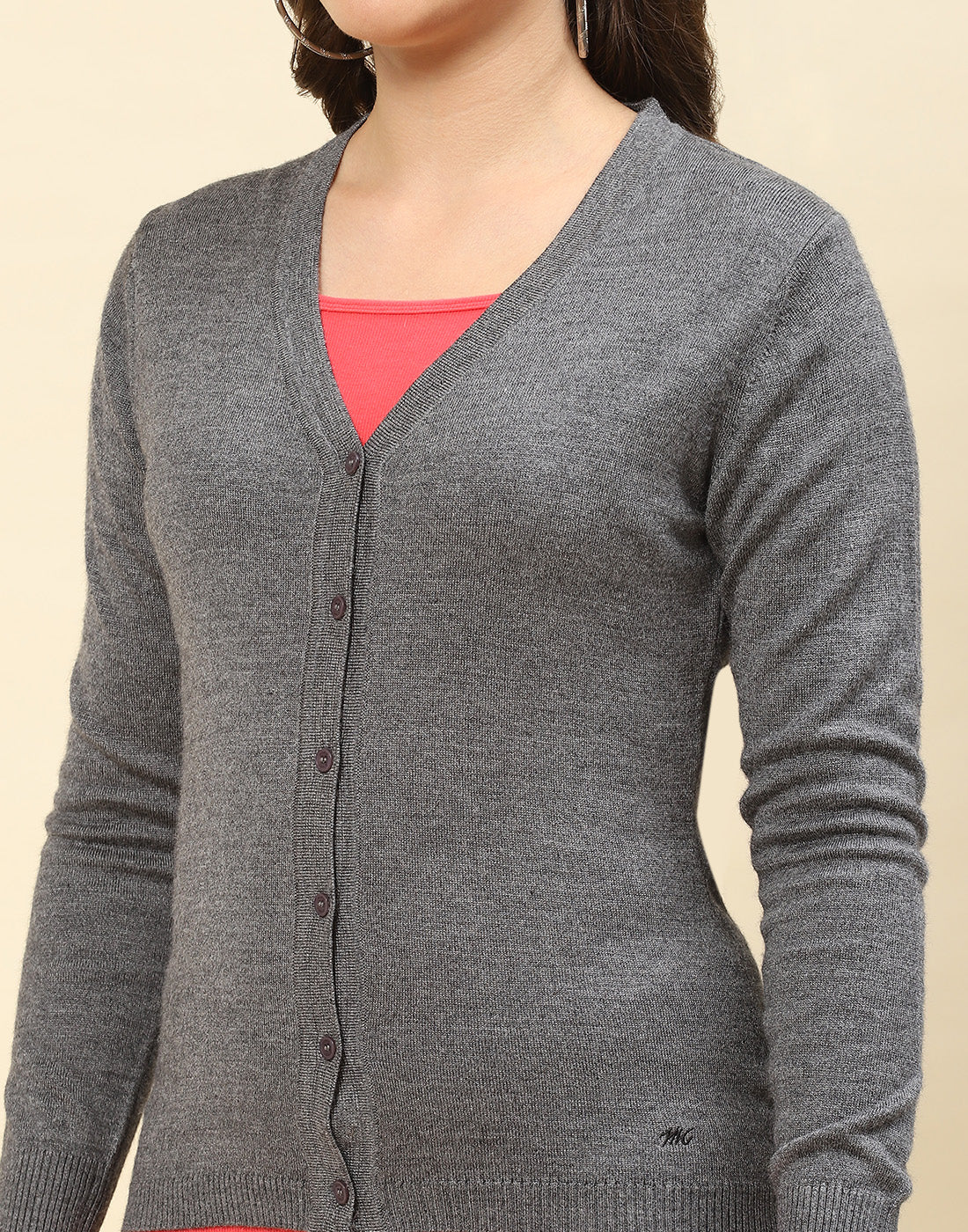 Women Grey Solid V Neck Full Sleeve Cardigan