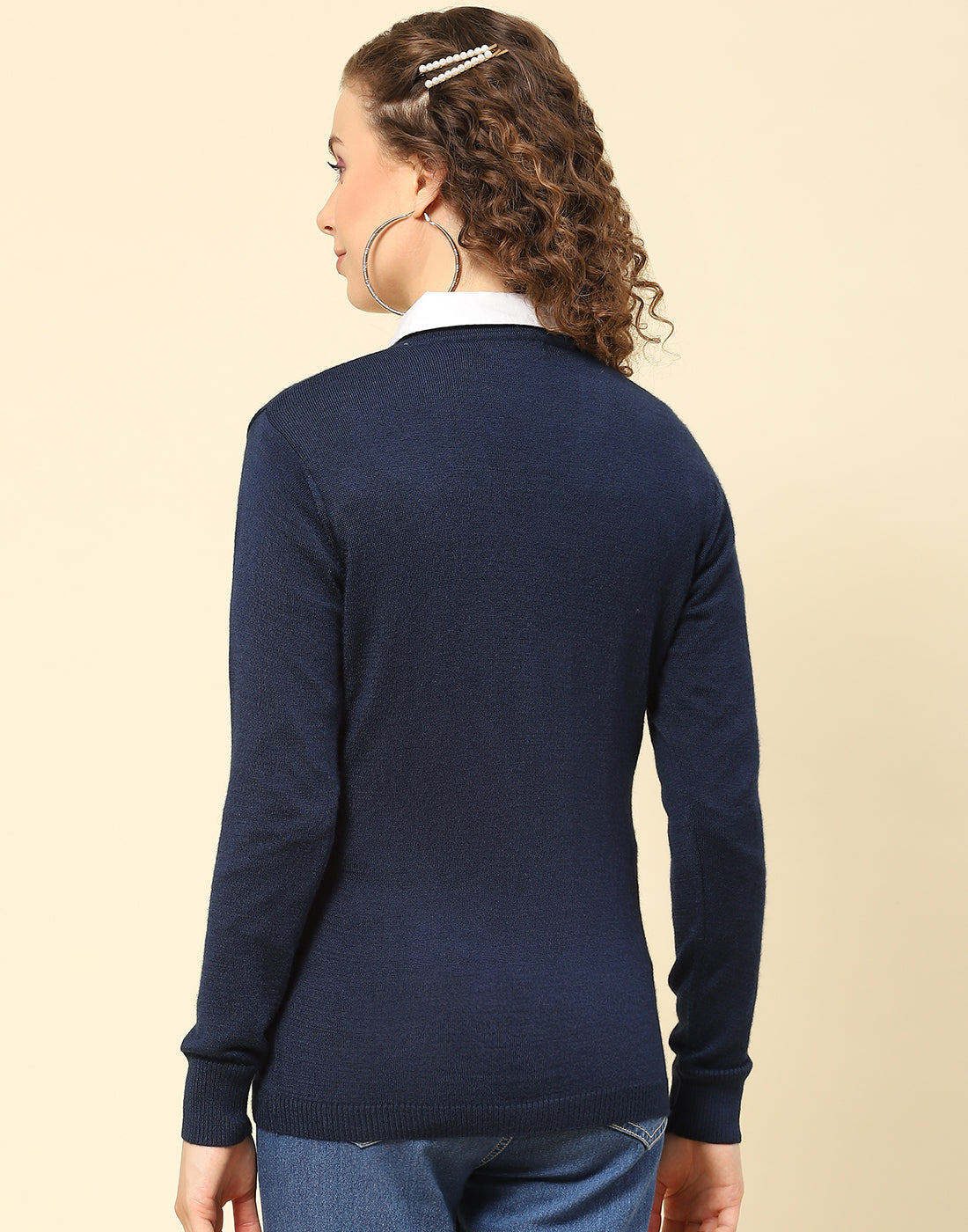 Women Navy Blue Solid V Neck Full Sleeve Cardigan