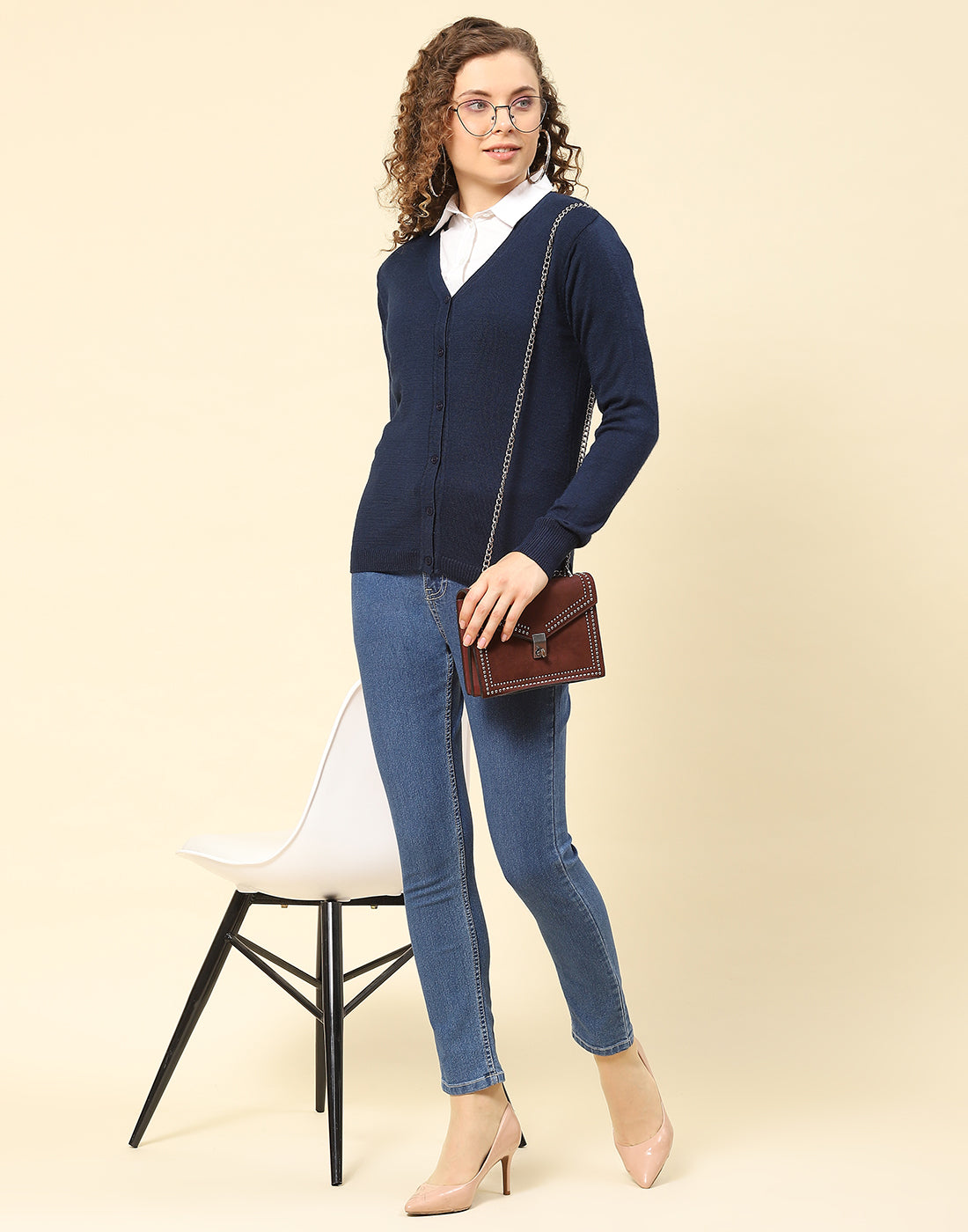 Women Navy Blue Solid V Neck Full Sleeve Cardigan