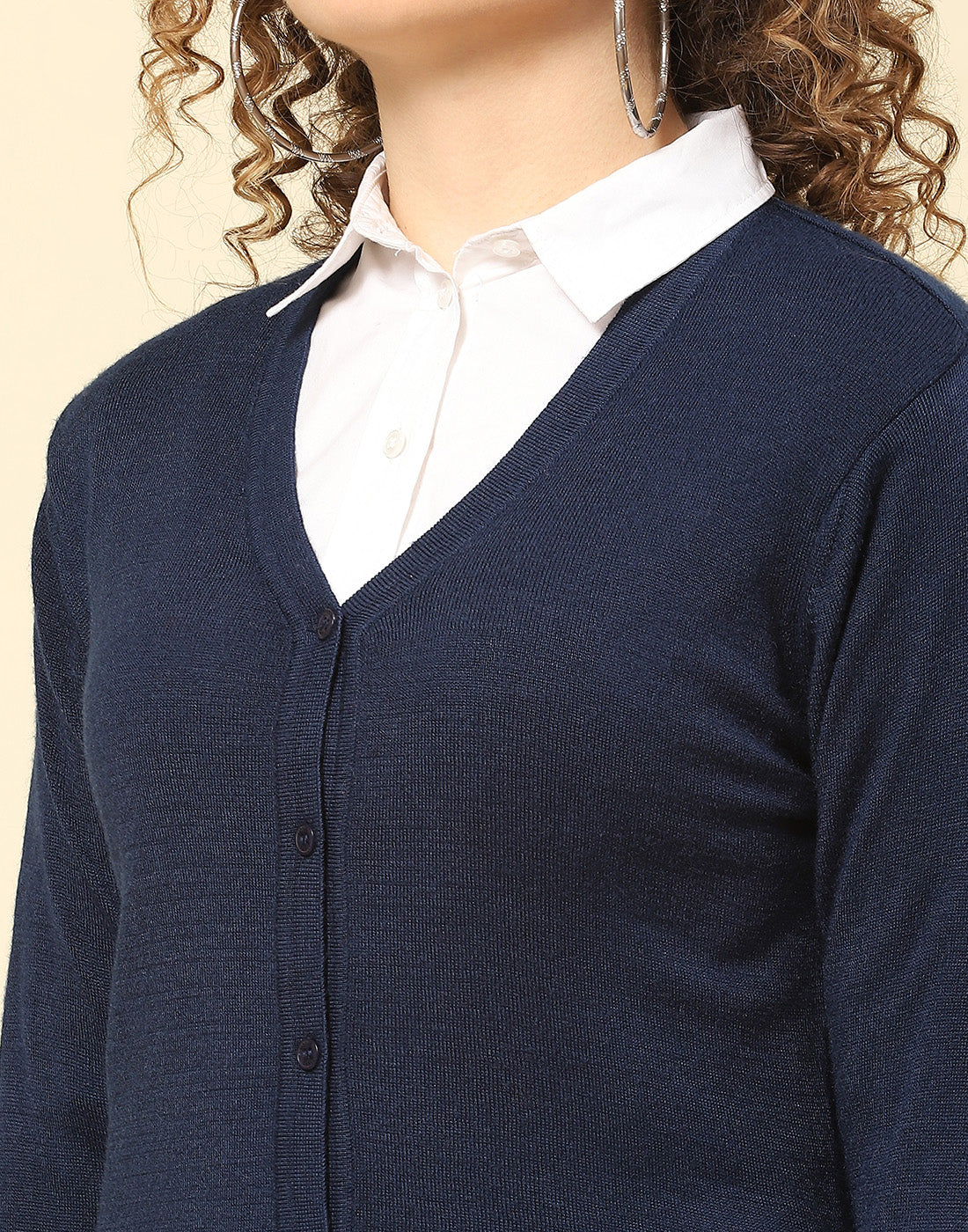 Women Navy Blue Solid V Neck Full Sleeve Cardigan