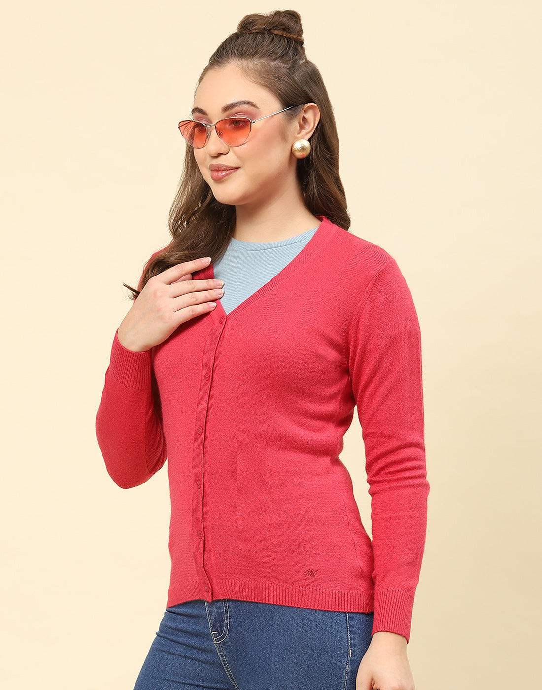 Women Pink Solid V Neck Full Sleeve Cardigan