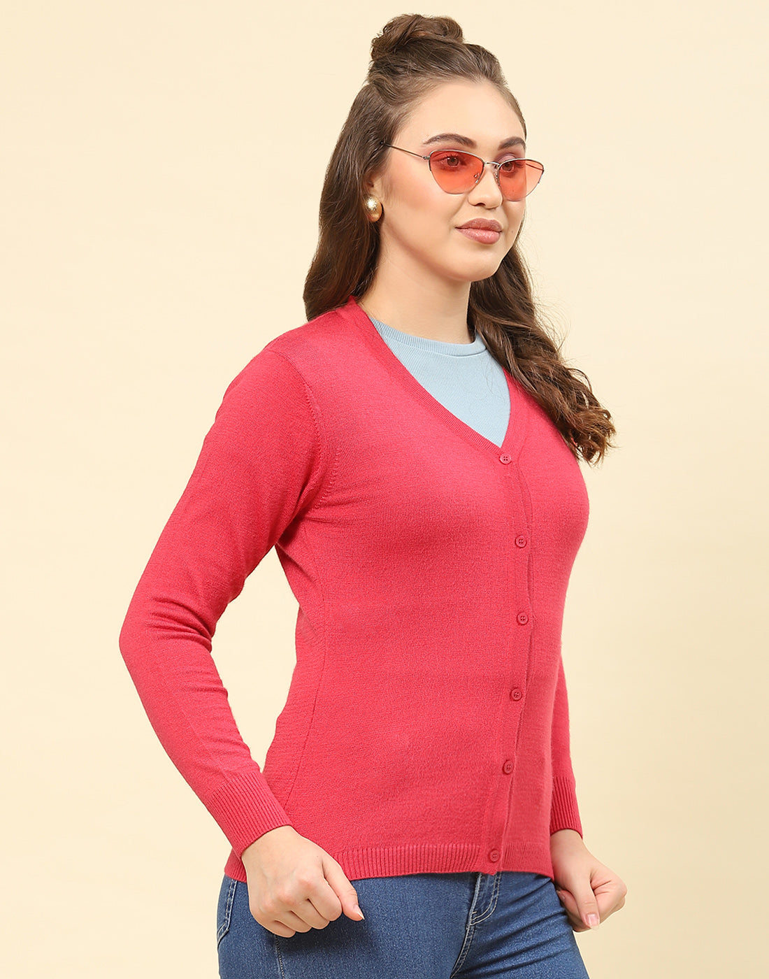 Women Pink Solid V Neck Full Sleeve Cardigan