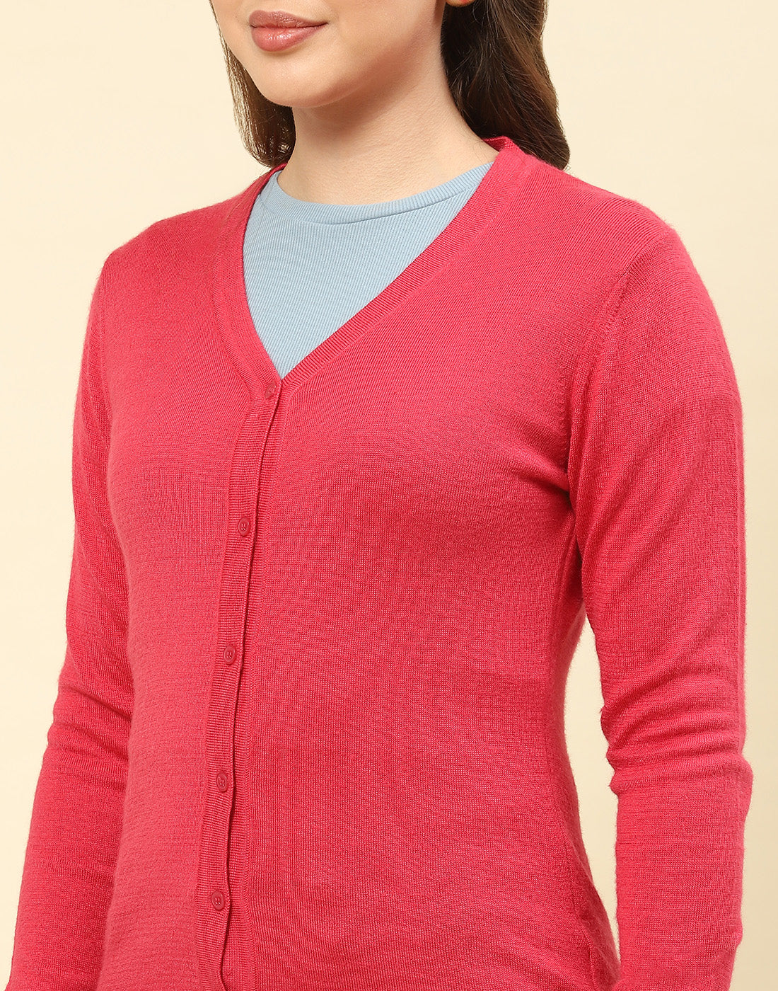 Women Pink Solid V Neck Full Sleeve Cardigan