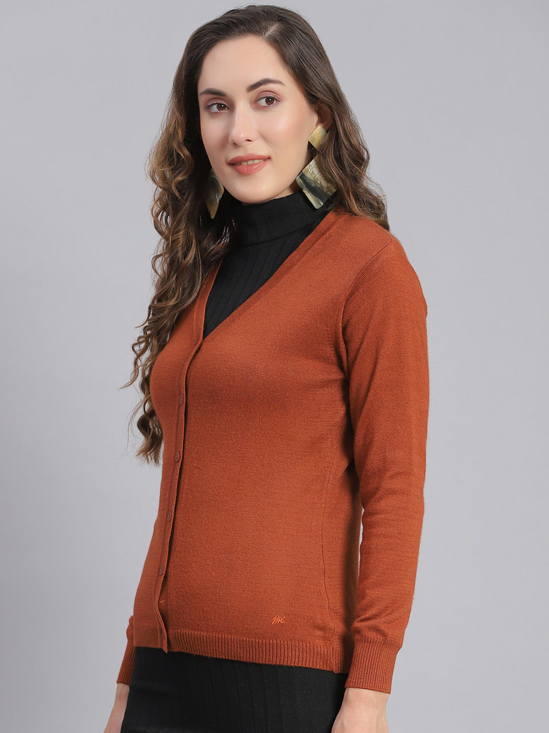 Women Rust Solid V Neck Full Sleeve Cardigan