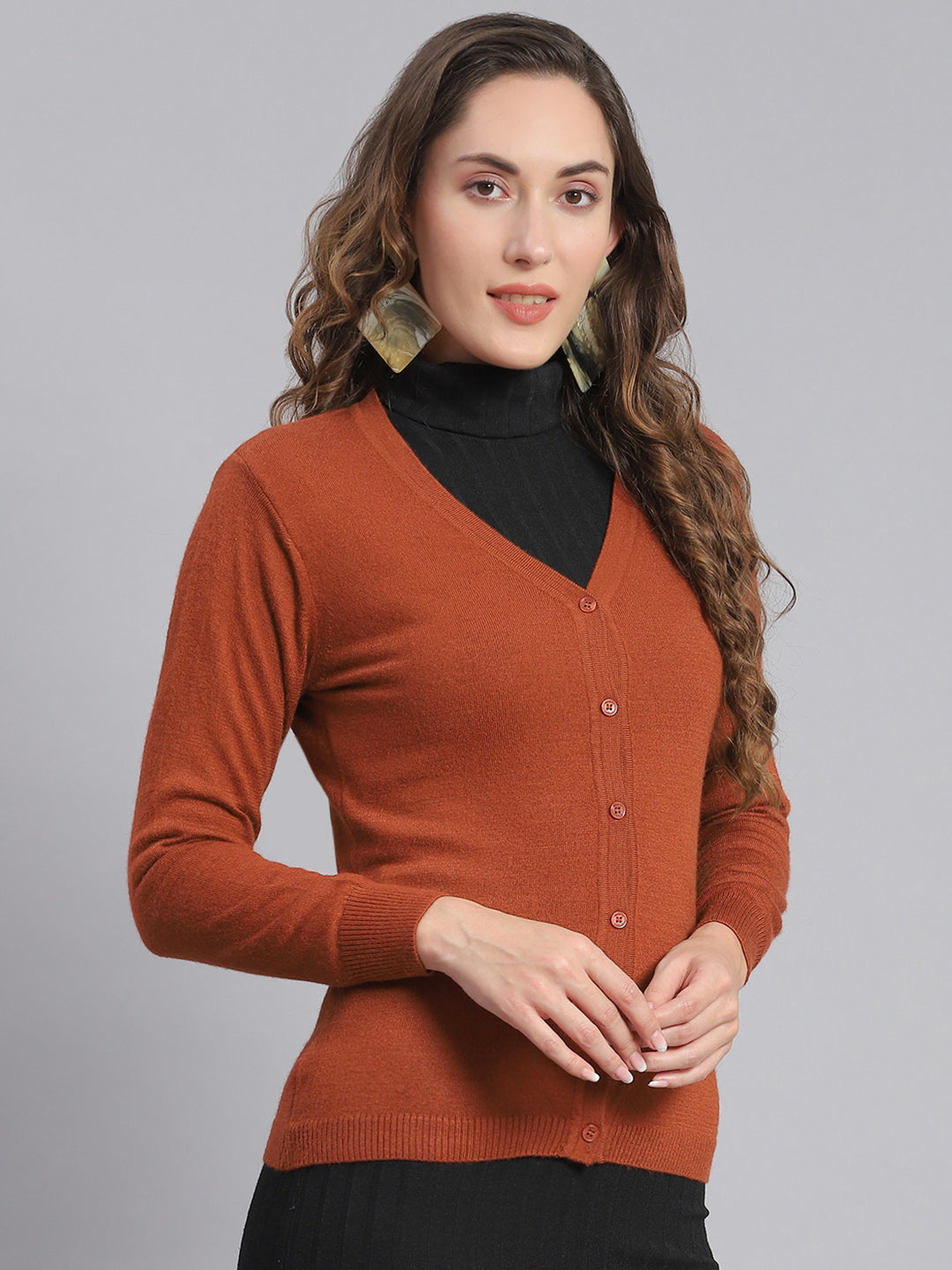 Women Rust Solid V Neck Full Sleeve Cardigan